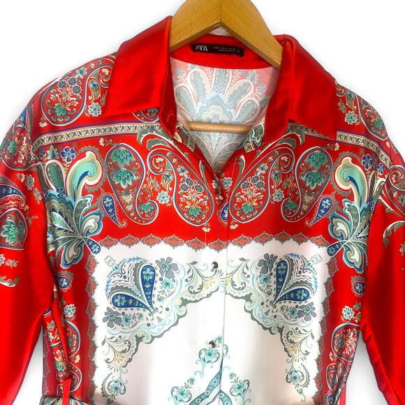 Zara Printed Shirt Dress Size S Red Multi Paisley Floral Satin Button Midi Dress - Picture 4 of 14